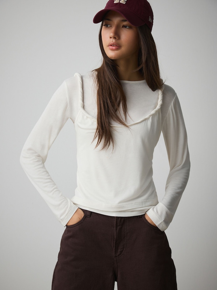 Ecru - Knit Long Sleeve Cami Layer Top - Imaginea 1 din 5 Ecru - Knit Long Sleeve Cami Layer Top - Imaginea 1 din 5