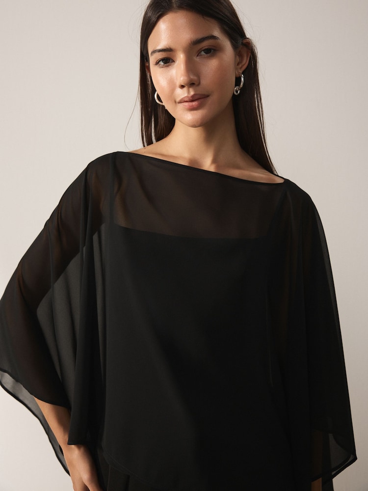 Black Sheer Layer Cape Sleeve Top with Cami - Image 1 of 6