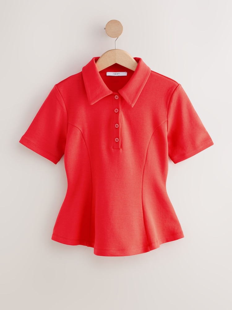 Red Peplum Polo Neck Short Sleeve T-Shirt - Image 1 of 3 Red Peplum Polo Neck Short Sleeve T-Shirt - Image 1 of 3