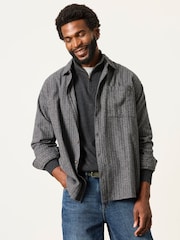 FatFace Charcoal Grey Long Sleeve Relaxed Fit Herringbone Stripe Brushed Shirt - Image 1 of 6