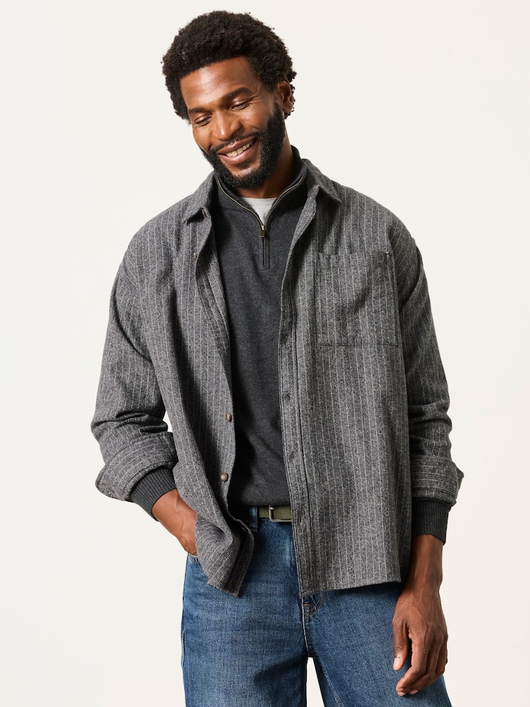 FatFace Charcoal Grey Long Sleeve Relaxed Fit Herringbone Stripe Brushed Shirt - Image 1 of 6