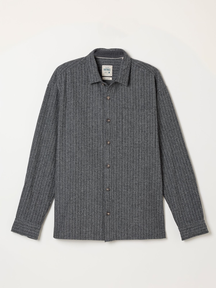 FatFace Charcoal Grey Long Sleeve Relaxed Fit Herringbone Stripe Brushed Shirt - Image 6 of 6