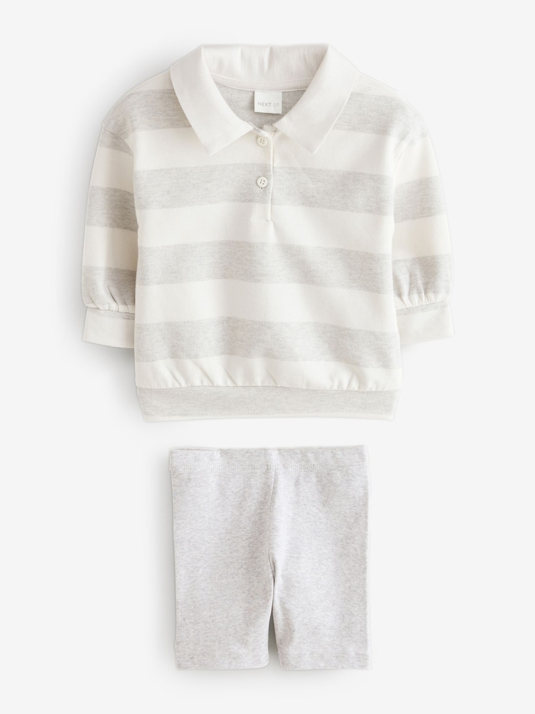 Grey/White Long Sleeve Stripe Polo And Short Set - Image 1 of 1