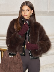 Lipsy Chocolate Brown Short Fur Faux Leather Funnel Neck Jacket - Image 1 of 3