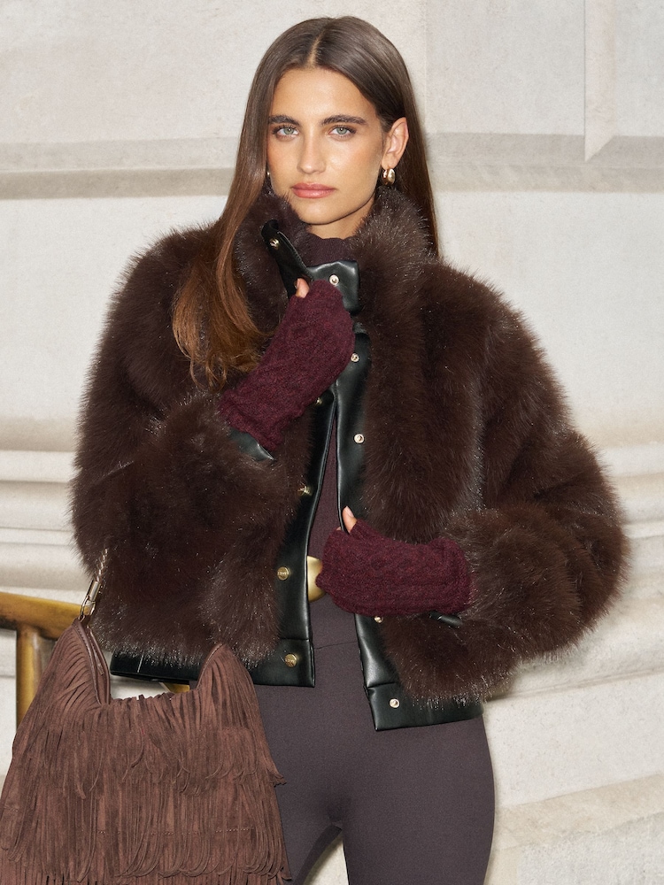 Lipsy Chocolate Brown Short Fur Faux Leather Funnel Neck Jacket - Image 1 of 3 Lipsy Chocolate Brown Short Fur Faux Leather Funnel Neck Jacket - Image 1 of 3