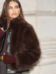Lipsy Chocolate Brown Short Fur Faux Leather Funnel Neck Jacket - Image 3 of 3