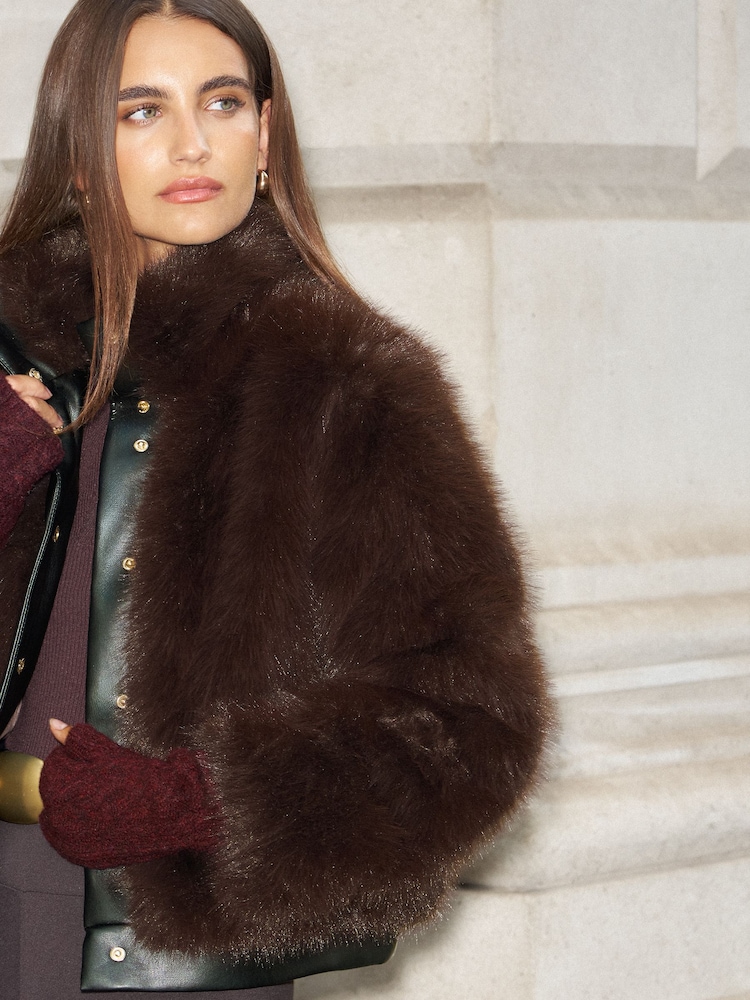 Lipsy Chocolate Brown Short Fur Faux Leather Funnel Neck Jacket - Image 3 of 3 Lipsy Chocolate Brown Short Fur Faux Leather Funnel Neck Jacket - Image 3 of 3