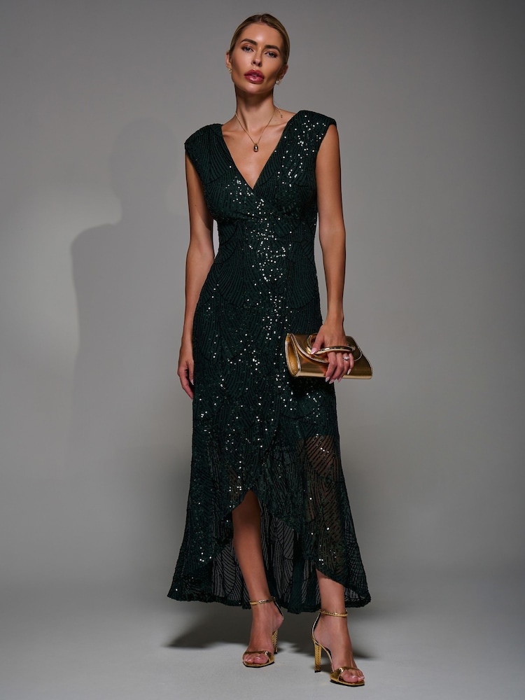 Buy Jolie Moi Dark Green Sequin Asymmetric Ruffle Hem Maxi Dress from Next  USA
