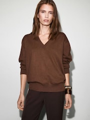 Mango Brown V-Neck Knitted Jumper - Image 1 of 6