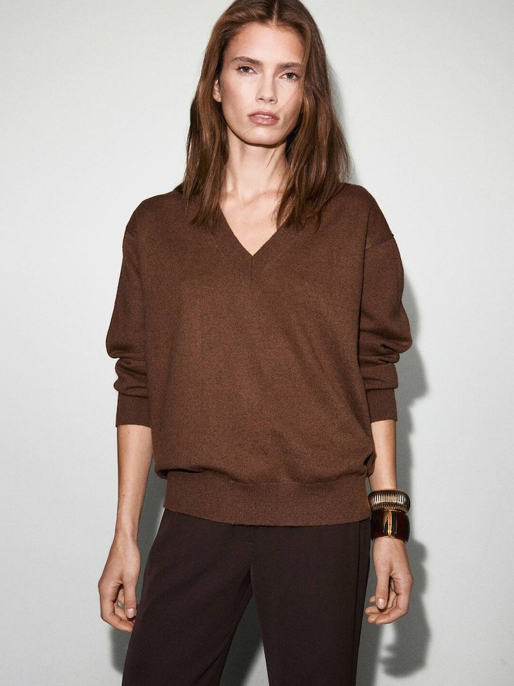 Mango Brown V-Neck Knitted Jumper - Image 1 of 6