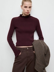 Mango Red High Neck Ruffle Detail Knitted Jumper - Image 1 of 5