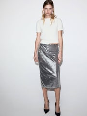 Mango Grey Sequin Sparkle Midi Skirt - Image 1 of 6