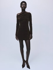 Mango Brown Mini Draped Neck Velvet Shift Dress - Image 2 of 6