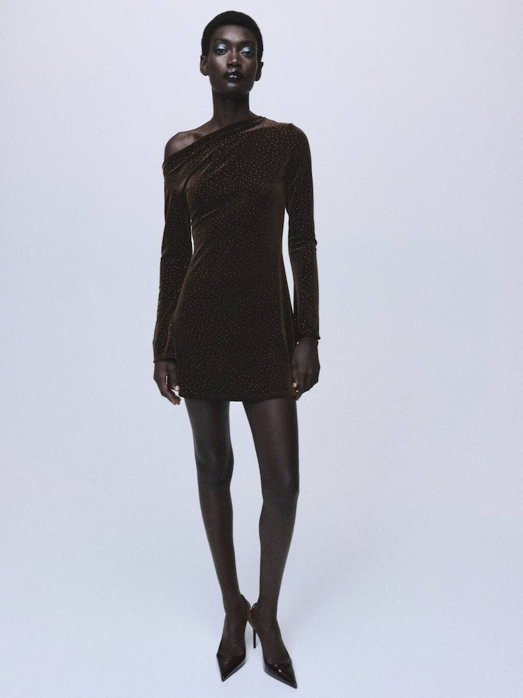Mango Brown Mini Draped Neck Velvet Shift Dress - Image 2 of 6