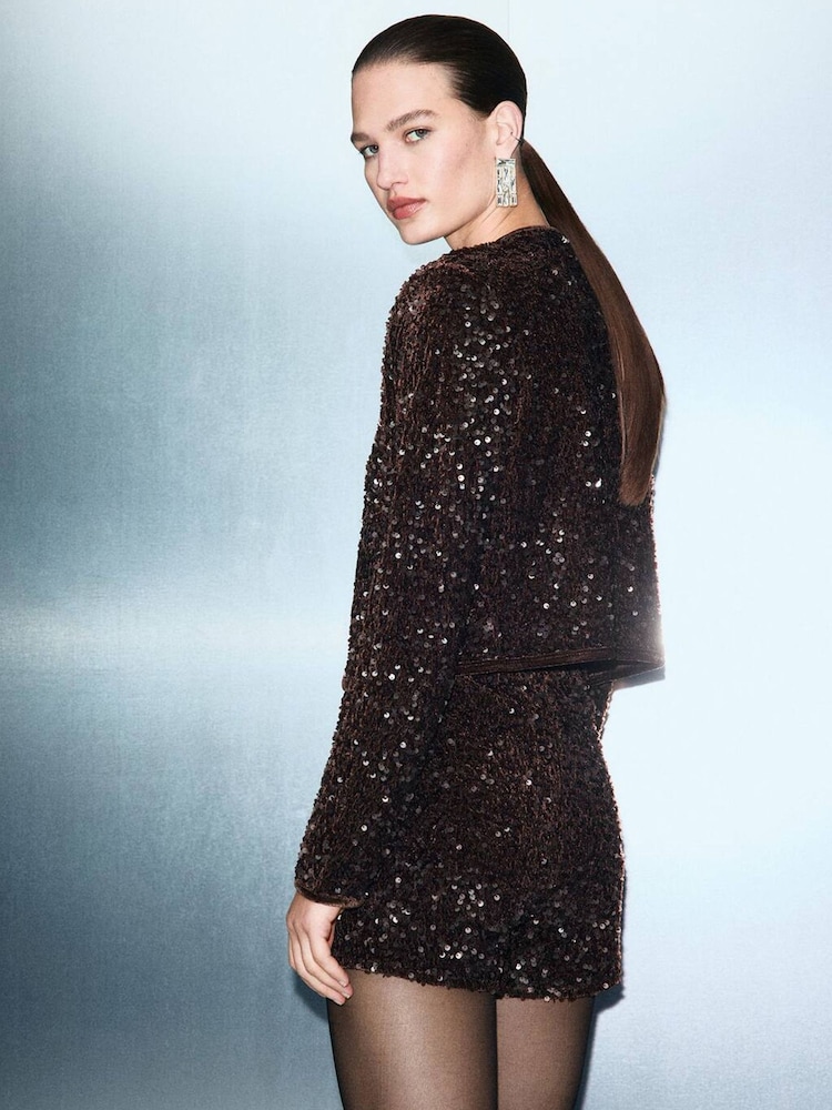 Mango Brown Sequin Cardigan Jacket - Image 2 of 7 Mango Brown Sequin Cardigan Jacket - Image 2 of 7