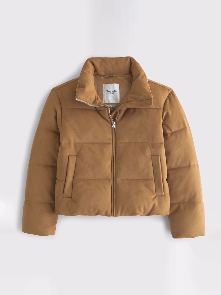 Abercrombie & Fitch Brown Suede Short Puffer Jacket - Image 1 of 3