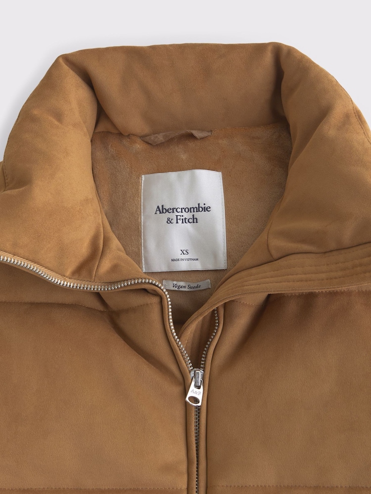 Abercrombie & Fitch Brown Suede Short Puffer Jacket - Image 2 of 3 Abercrombie & Fitch Brown Suede Short Puffer Jacket - Image 2 of 3