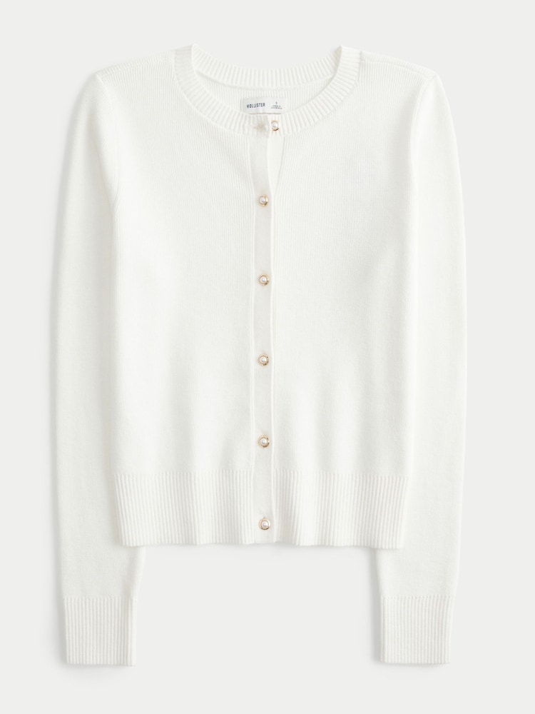 Hollister White Comfy Cloud Crew Neck Pearl Button Cardigan - Image 1 of 2 Hollister White Comfy Cloud Crew Neck Pearl Button Cardigan - Image 1 of 2