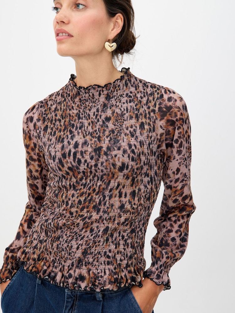 Oliver Bonas Brown Animal Print Shirred Mesh Top - Image 1 of 8 Oliver Bonas Brown Animal Print Shirred Mesh Top - Image 1 of 8