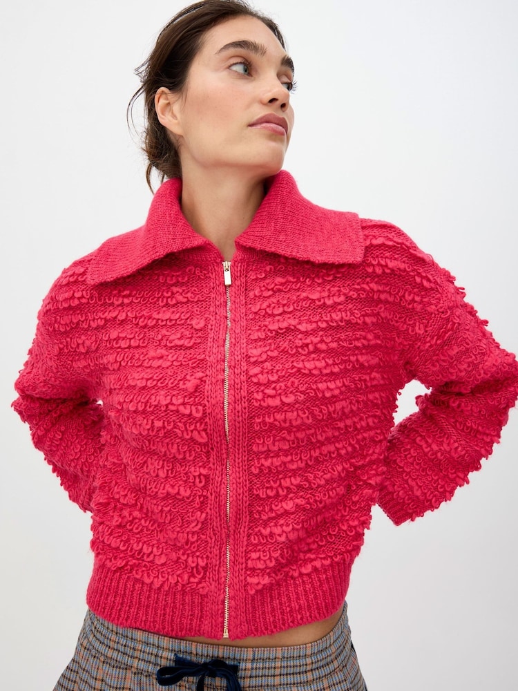 Oliver Bonas Pink Loop Zip Up Collared Knitted Bomber Jacket - Image 1 of 8 Oliver Bonas Pink Loop Zip Up Collared Knitted Bomber Jacket - Image 1 of 8