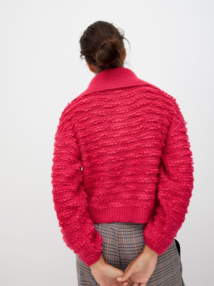 Oliver Bonas Pink Loop Zip Up Collared Knitted Bomber Jacket - Image 2 of 8 Oliver Bonas Pink Loop Zip Up Collared Knitted Bomber Jacket - Image 2 of 8