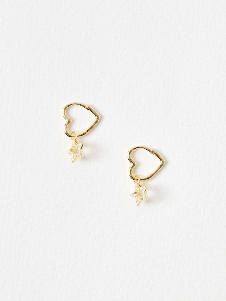Oliver Bonas Gold Tone Akira Cubic Zirconia Star Charm Heart Shaped Hoop Drop Earrings - Image 1 of 4