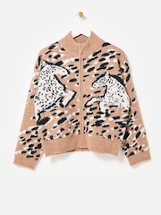 Oliver Bonas Natural Horse Print Zip Up Knitted Bomber Jacket - Image 3 of 8