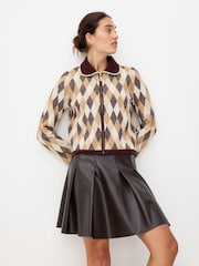 Oliver Bonas Brown Diamond Sparkle Zip Up Cardigan - Image 1 of 8