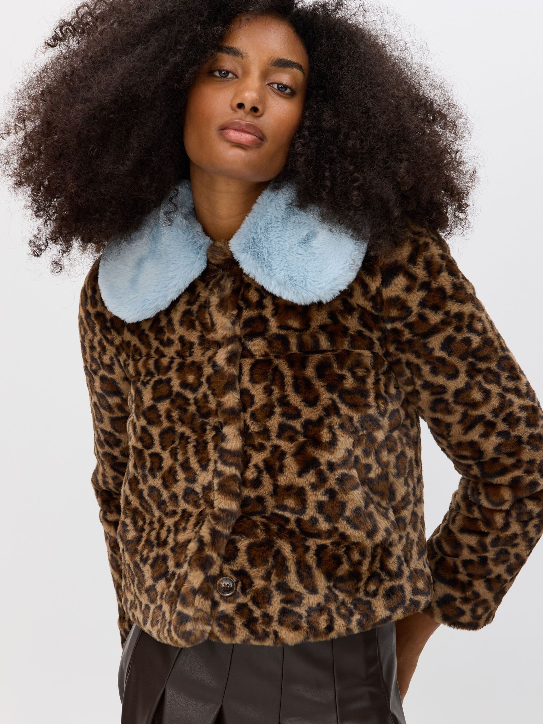 Buy Oliver Bonas Brown Leopard Print Contrast Collar Faux Fur Coat