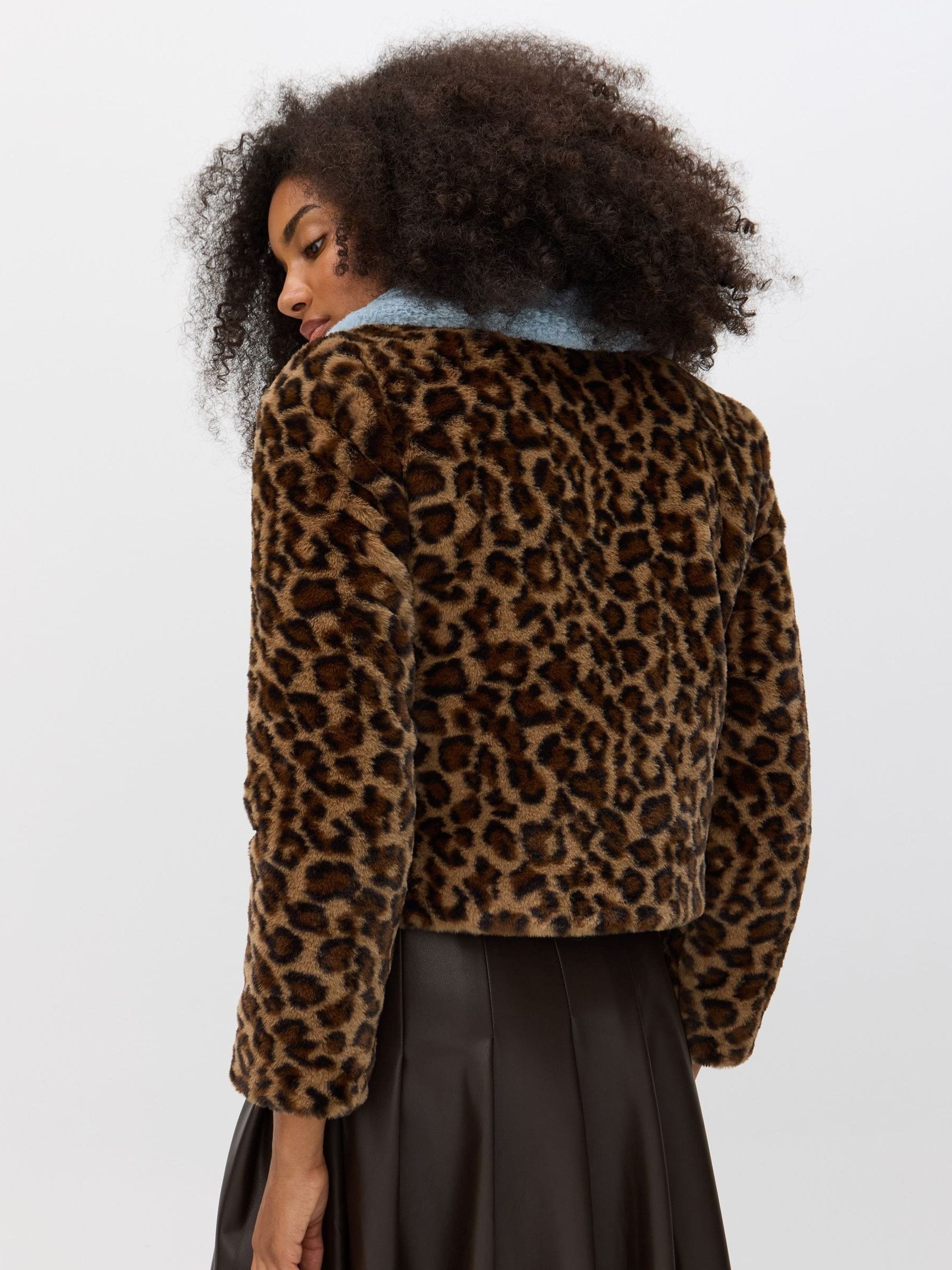 Buy Oliver Bonas Brown Leopard Print Contrast Collar Faux Fur Coat