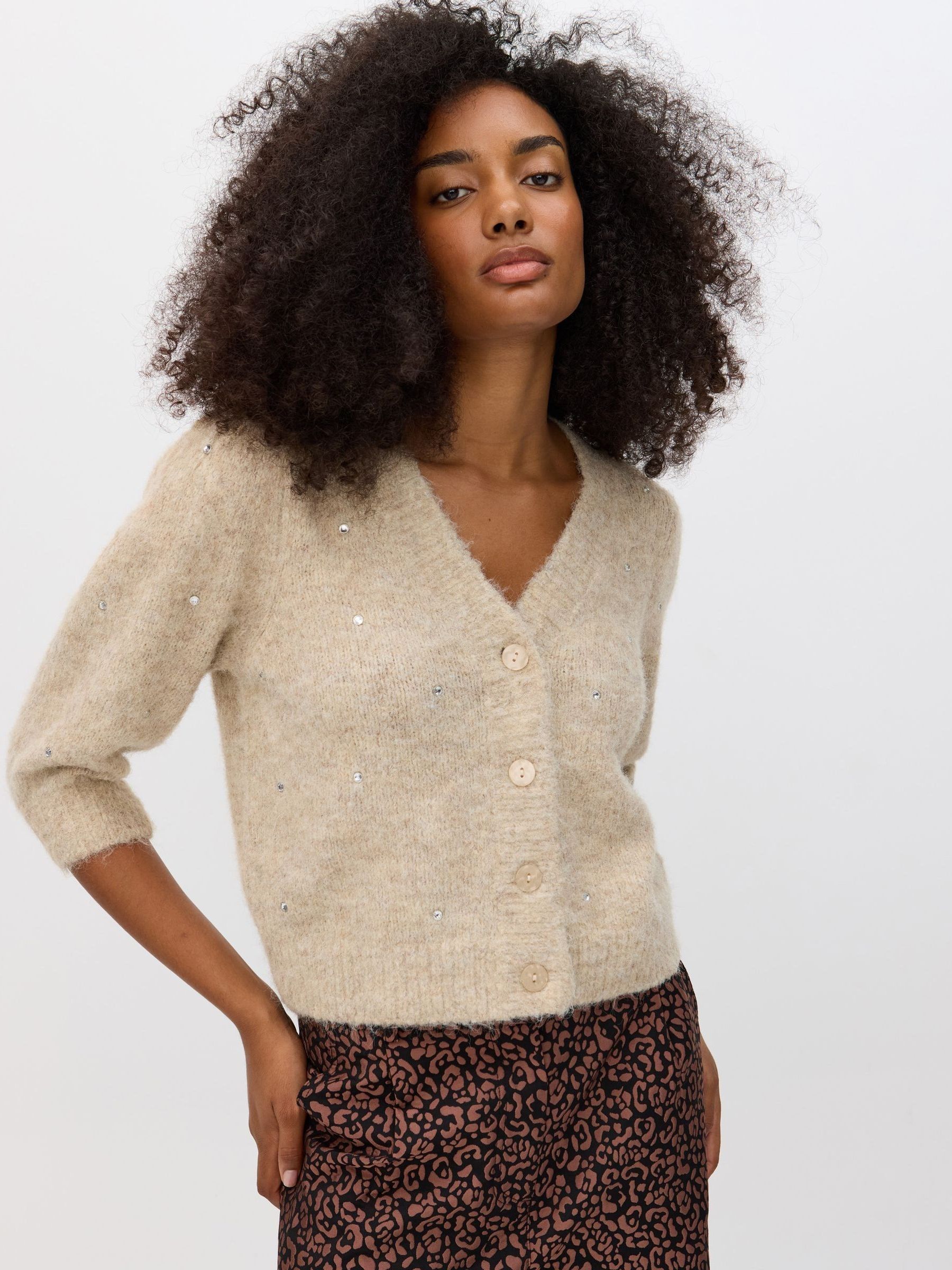 Buy Oliver Bonas Natural Studded V-Neck Knitted Cardigan from Next