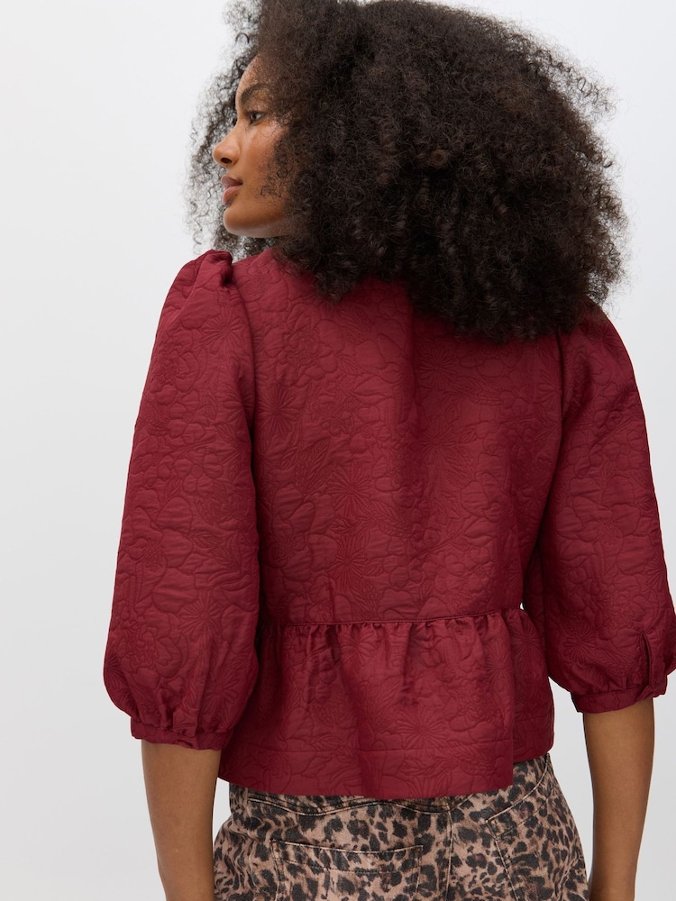 Oliver Bonas Red Floral Jacquard Peplum Puff Sleeve Top - Image 2 of 8 Oliver Bonas Red Floral Jacquard Peplum Puff Sleeve Top - Image 2 of 8