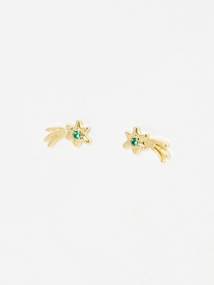Oliver Bonas Green Esther Shooting Star with Siamite Inlay Gold Plated Stud Earrings - Image 1 of 3