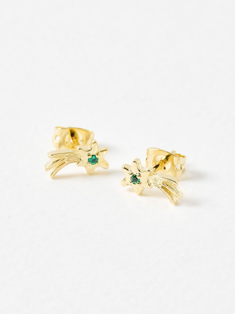 Oliver Bonas Green Esther Shooting Star with Siamite Inlay Gold Plated Stud Earrings - Image 2 of 3
