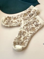 Solesmith Natural Monogrammed Womens Leopard Print Socks - Image 1 of 3