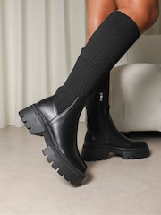 Simmi London Black Kenneth Knit Knee High Chunky Boots - Image 1 of 4