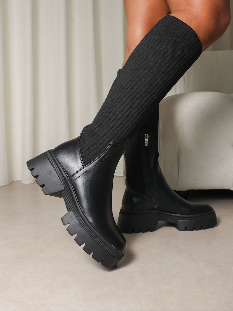 Simmi London Black Kenneth Knit Knee High Chunky Boots - Image 1 of 4