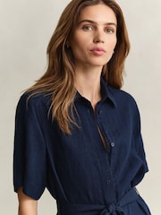 GANT Blue Linen Belted Shirt Dress - Image 4 of 6
