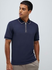 River Island Blue Slim Fit Textured Zip Neck Polo Shirt - Image 1 of 4