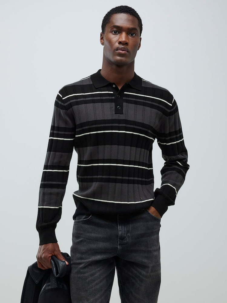 River Island Black Slim Fit Stripe Knitted Rib Polo Shirt - Image 1 of 4 River Island Black Slim Fit Stripe Knitted Rib Polo Shirt - Image 1 of 4