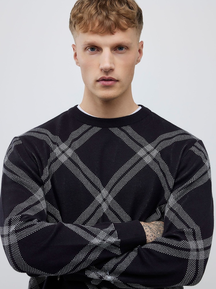 River Island Black Knitted Check Print Jumper - Image 1 of 4 River Island Black Knitted Check Print Jumper - Image 1 of 4