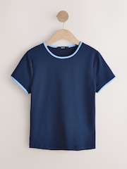 Navy/Blue Tipped Soft Touch Slinky Nylon Crew Neck Short Sleeve Top - Image 1 of 3