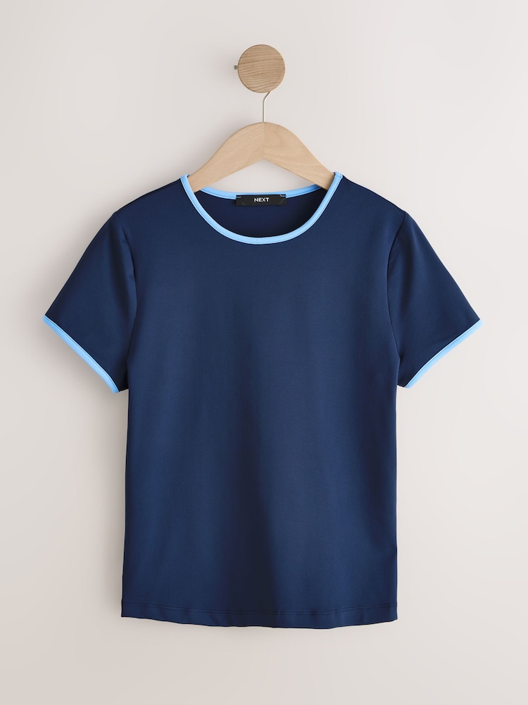 Navy/Blue Tipped Soft Touch Slinky Nylon Crew Neck Short Sleeve Top - Image 1 of 3