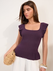 Friends Like These Aubergine Petite Ruffle Knitted Top - Image 3 of 5