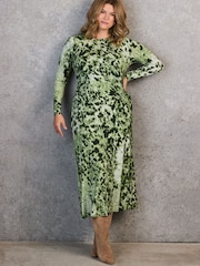 Live Unlimited Green Animal Abstract Print Ruched Jersey Dress - Image 3 of 8