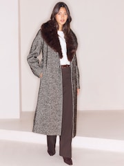 Lipsy Chocolate Brown Petite Fur Collar Longline Belted Coat - Image 1 of 5