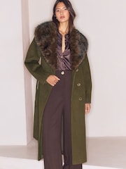Lipsy Olive Green Petite Fur Collar Longline Belted Coat - Image 1 of 6