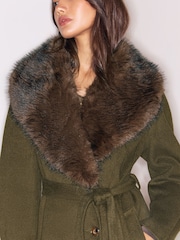 Lipsy Olive Green Petite Fur Collar Longline Belted Coat - Image 2 of 6