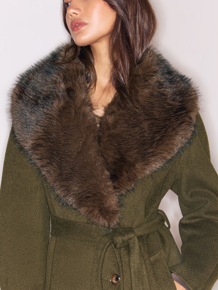 Lipsy Olive Green Petite Fur Collar Longline Belted Coat - Image 2 of 6