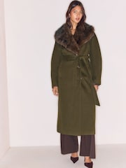 Lipsy Olive Green Petite Fur Collar Longline Belted Coat - Image 3 of 6